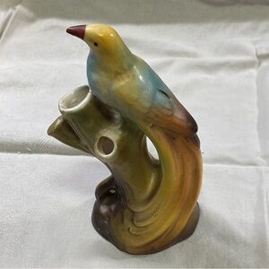 Colorful Ceramic Bird Figurine Czech Long Tail Triple Bud Vase Red Mark